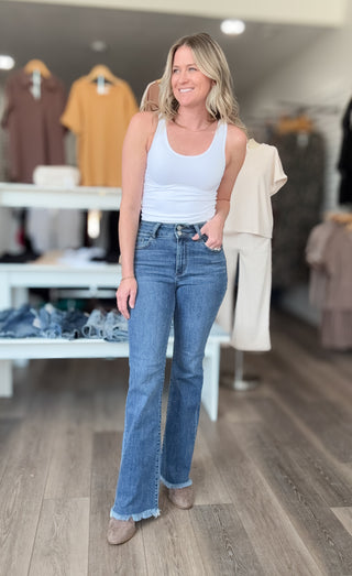 Judy Blue High Rise Double Button Frayed Hem Bootcut Jeans