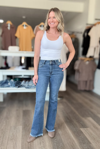 Judy Blue High Rise Double Button Frayed Hem Bootcut Jeans