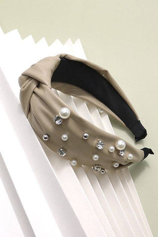 Knotted Faux Leather Pearl & Rhinestone Headband
