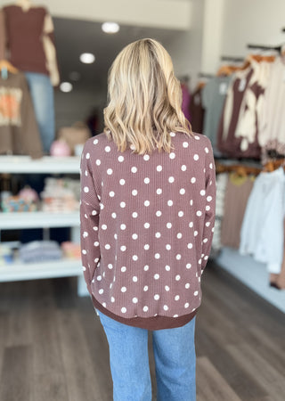 Brown Polka Dot Rib Knit Long Sleeved Top