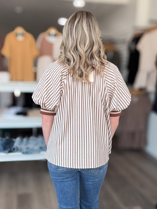 Striped Collared Half Zipped Short Puff Sleeved Top