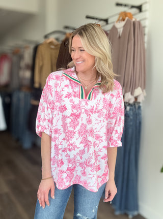 Pink & White Floral & Striped Collared Blouse