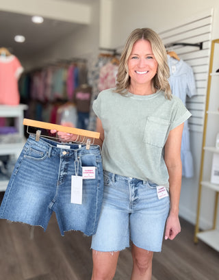 Risen Tummy Control Mid Length Denim Shorts