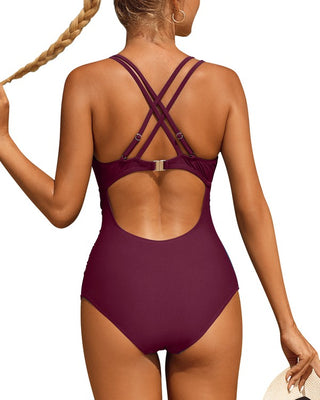 Burgundy V-Neck One Piece Swimsuit