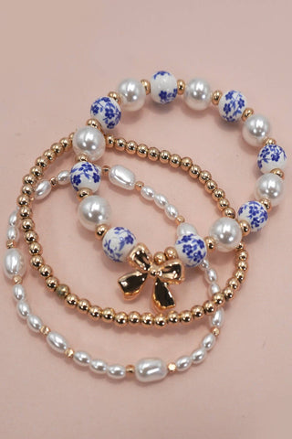 Blue & Gold Ceramic Porcelain Bow Bracelet Set