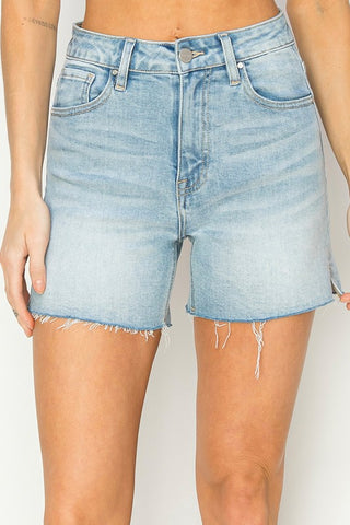Risen High Rise Side Slit Denim Shorts