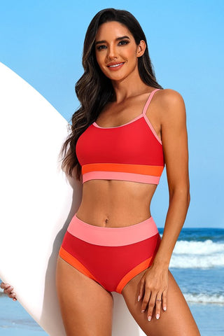 Sporty Color Block High Waisted Bikini