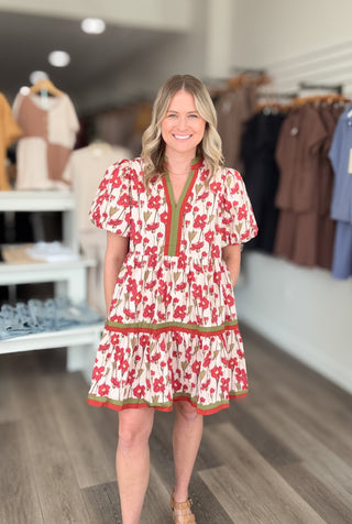 Autumn Floral Bubble Sleeved Dress
