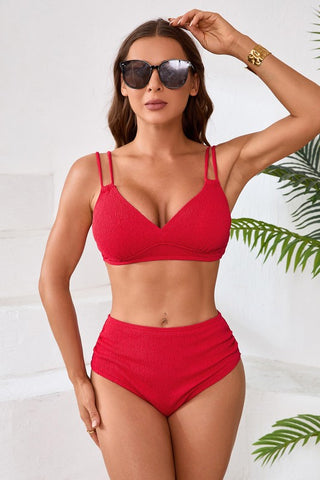 Red Textured High Waisted Bikini