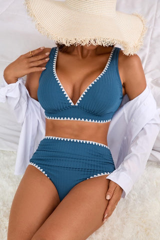 Blue & White Stitched High Waisted Bikini