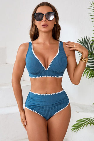 Blue & White Stitched High Waisted Bikini
