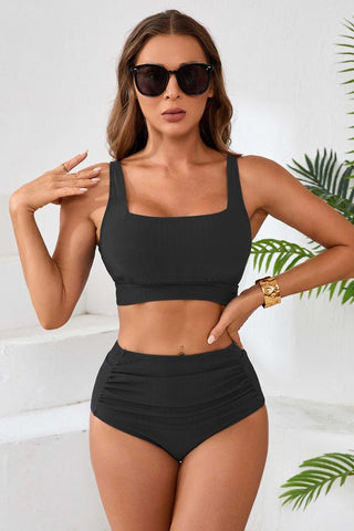 Black Ribbed Square Neck High Waisted Bikini