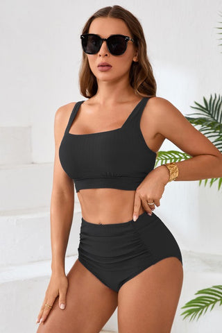 Black Ribbed Square Neck High Waisted Bikini