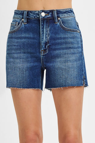 Risen High Rise Side Slit Denim Shorts