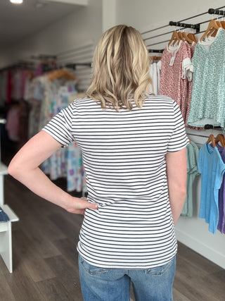 Striped Scoop Neck Henley Short Sleeved Top