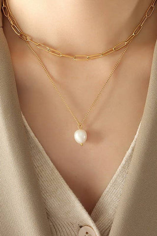 Stainless Steel Paperclip Chain Necklace with Pearl Drop