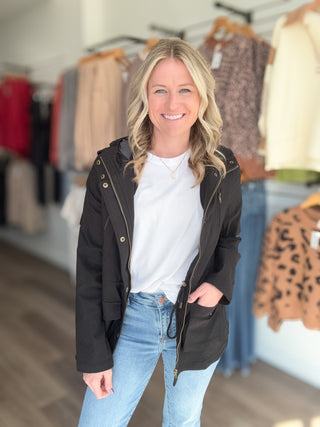 Jodie Black Hooded Zip Up Rain Jacket