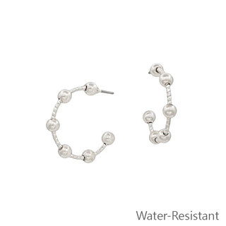 Water Resistant Silver Textured Ball 1" Hoop Earrings