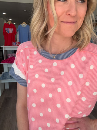 Polka Dot Ribbed Short Sleeved Top