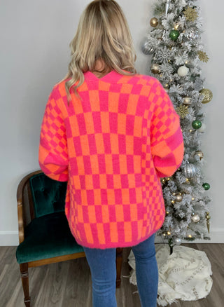 Noticed in Neon Checkered Cardigan in Pink and Orange