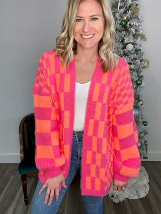 Noticed in Neon Checkered Cardigan in Pink and Orange