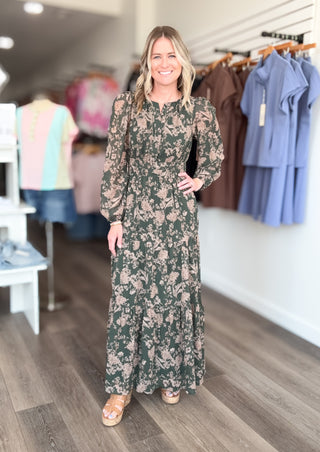 Gorgeous Green Floral Maxi Long Sleeved Dress