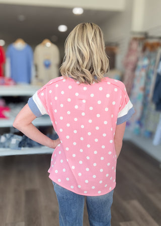 Polka Dot Ribbed Short Sleeved Top