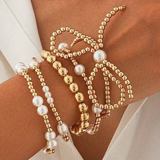 Multi Gold Beaded Pearl Bow Bracelet