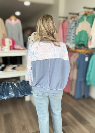Blue Floral Patchwork Long Sleeved Top