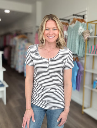 Striped Scoop Neck Henley Short Sleeved Top