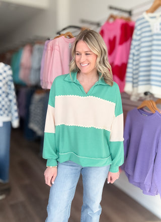 Teal & Tan Collared Long Sleeved Top