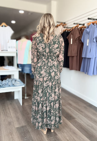 Gorgeous Green Floral Maxi Long Sleeved Dress