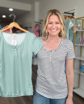 Striped Scoop Neck Henley Short Sleeved Top