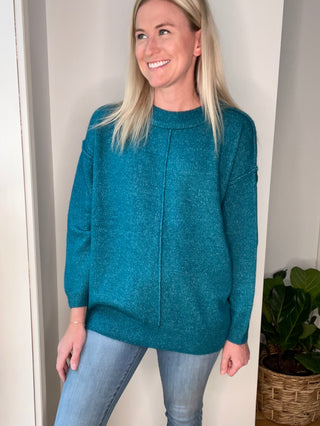 Garment Dyed Front Seam Sweater in Heather Ocean Teal