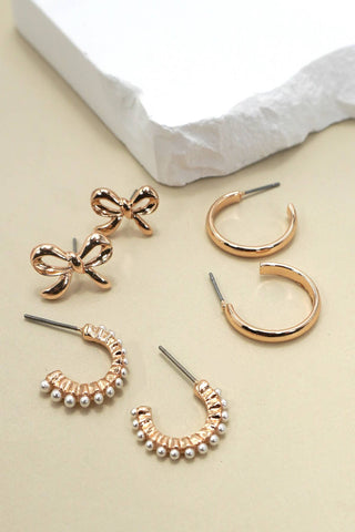 Gold Bow, Pearl & Hoop Trio Earring Set