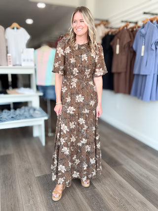 Autumn Brown Floral Maxi Short Sleeved Dress