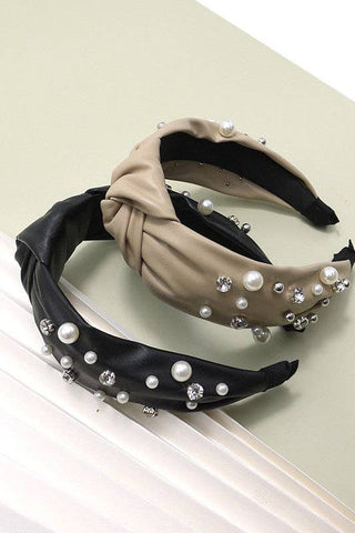 Knotted Faux Leather Pearl & Rhinestone Headband