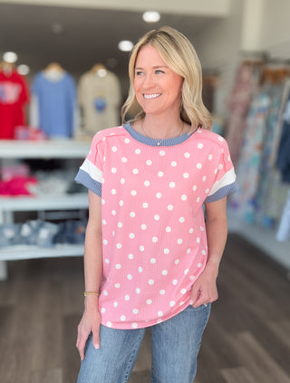 Polka Dot Ribbed Short Sleeved Top
