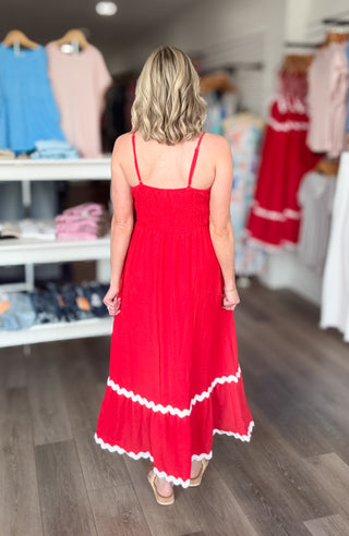 Red & White Trimmed Maxi Dress