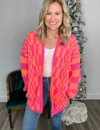 Noticed in Neon Checkered Cardigan in Pink and Orange