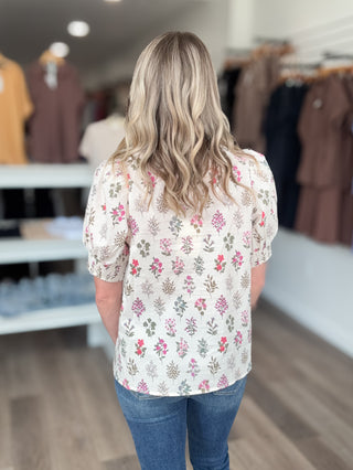 Cream & Floral Print Puffed Short Sleeved Top