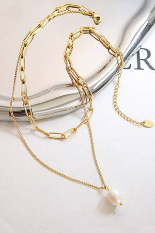 Stainless Steel Paperclip Chain Necklace with Pearl Drop