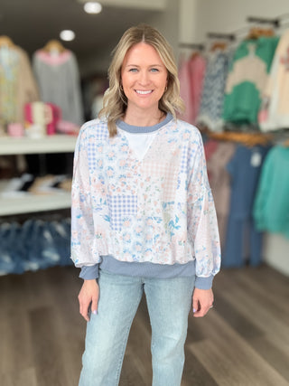 Blue Floral Patchwork Long Sleeved Top