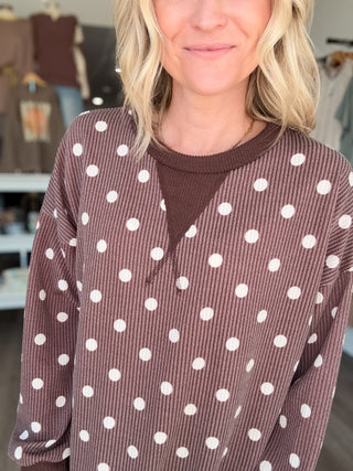 Brown Polka Dot Rib Knit Long Sleeved Top