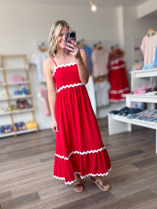 Red & White Trimmed Maxi Dress