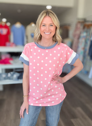 Polka Dot Ribbed Short Sleeved Top