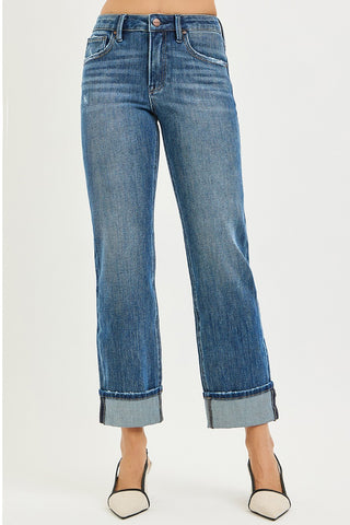Risen High Rise Stretchy Straight Leg Cuffed Jeans