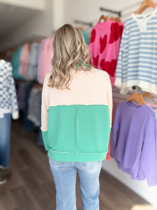 Teal & Tan Collared Long Sleeved Top