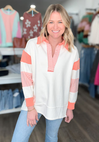 Coral & Cream Striped Polo Sweatshirt