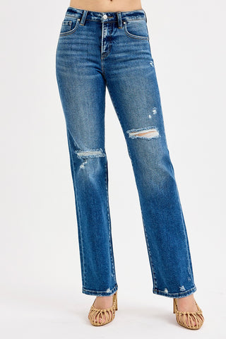 Risen Tummy Control High Rise Straight Leg Distressed Jeans